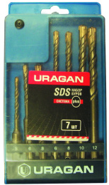 URAGAN 7 шт: 5 x 110, 6 x 110, 8 x 110, 6 x 160, 8 x 160, 10 x 160, 12 x 160 мм, набор SDS-plus буров (901-25554-H7)