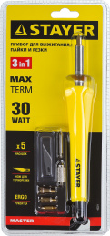 STAYER MAXTerm, 30 Вт, 3 в 1, в наборе: 5 насадок + термонож, прибор для выжигания, пайки и резки (45221)
