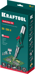 KRAFTOOL SolderGas, 120 K, 30 - 120 Вт, 1300°С, горелка, фен, пьезоподжиг, набор 10 в 1, газовый паяльник (55503-H10)